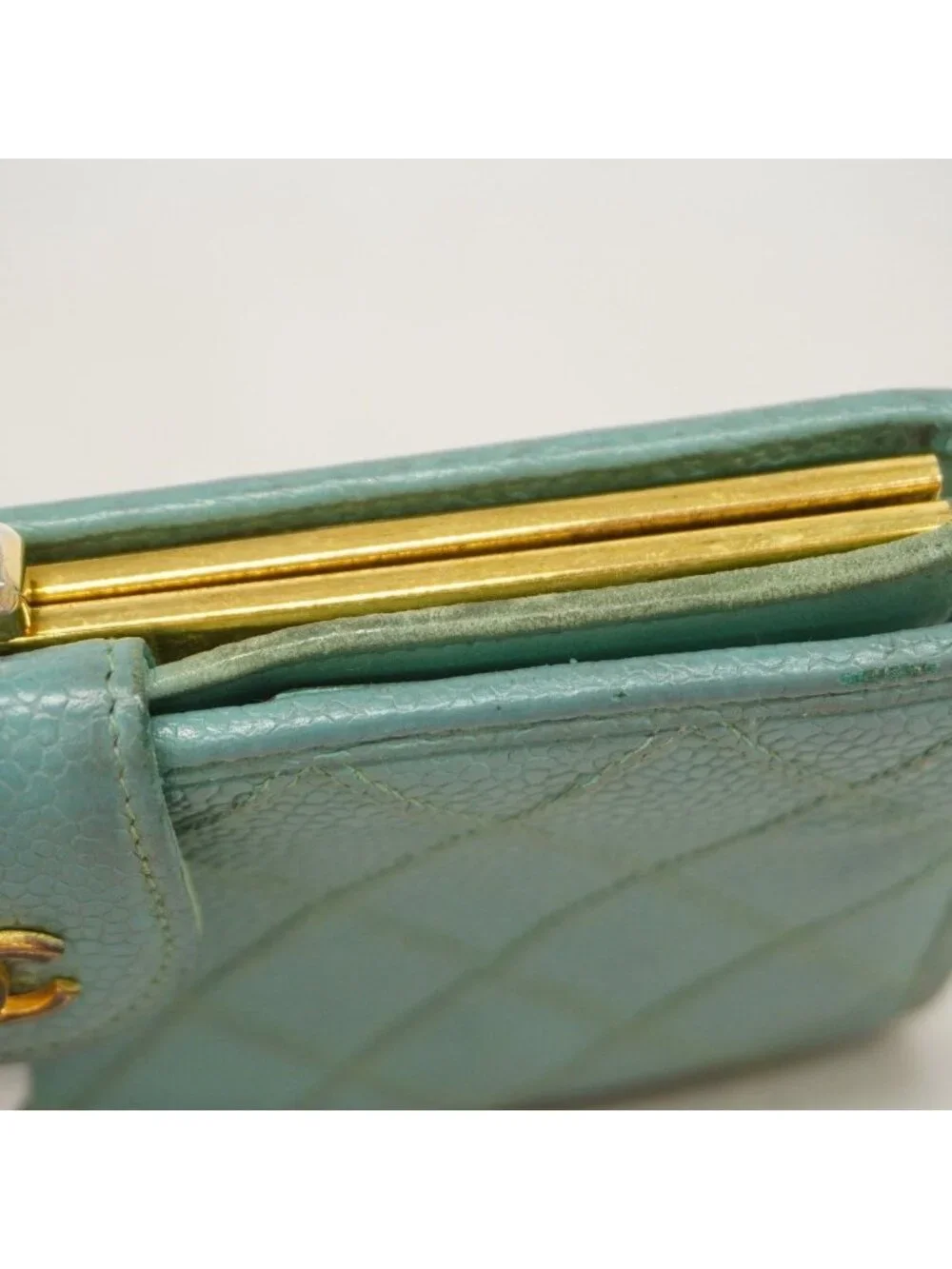Chanel Wallet Quilted Caviar Leather Mint Green Gold